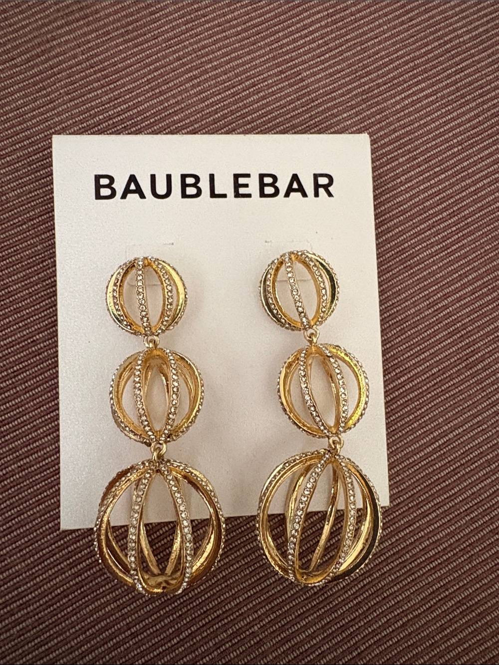 BaubleBar Gold Triple Orb Drop Earrings with Rhinestone Accents